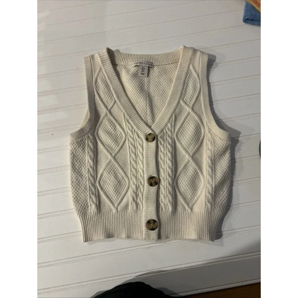Sincerely Jules Sweater Vest Cream Knit Button Front V-Neck Cable Sz S Boho